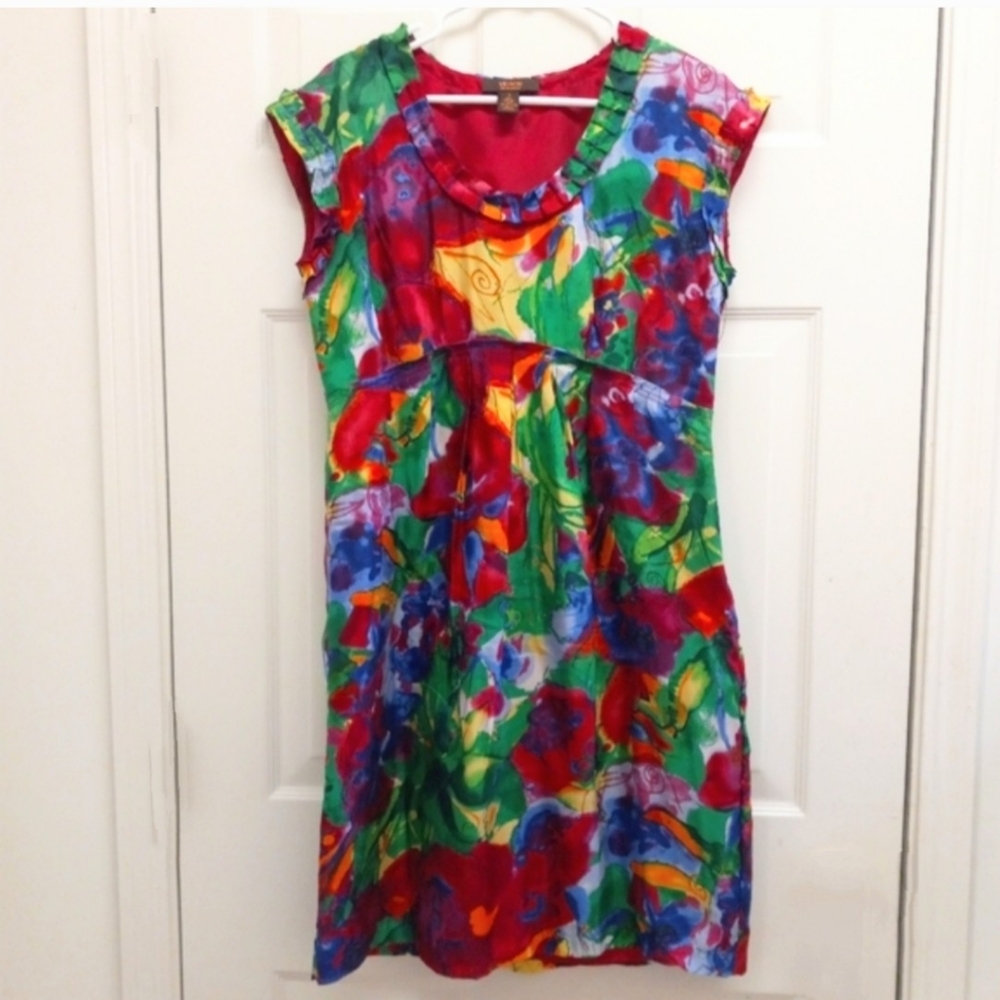 Floral 100% Silk Dress Size 8 Colorful Artsy Boho Festival Pleats Victor Alfaro